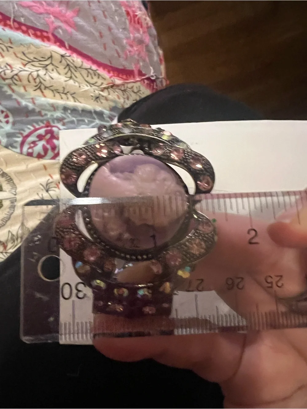 Vintage SDLZ Signed Cameo Clamper Cuff Bracelet Purple AB Rhinestone Victorian